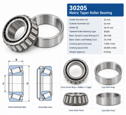 30205 -  Metric Taper Roller Bearing - 25x52x16.25mm