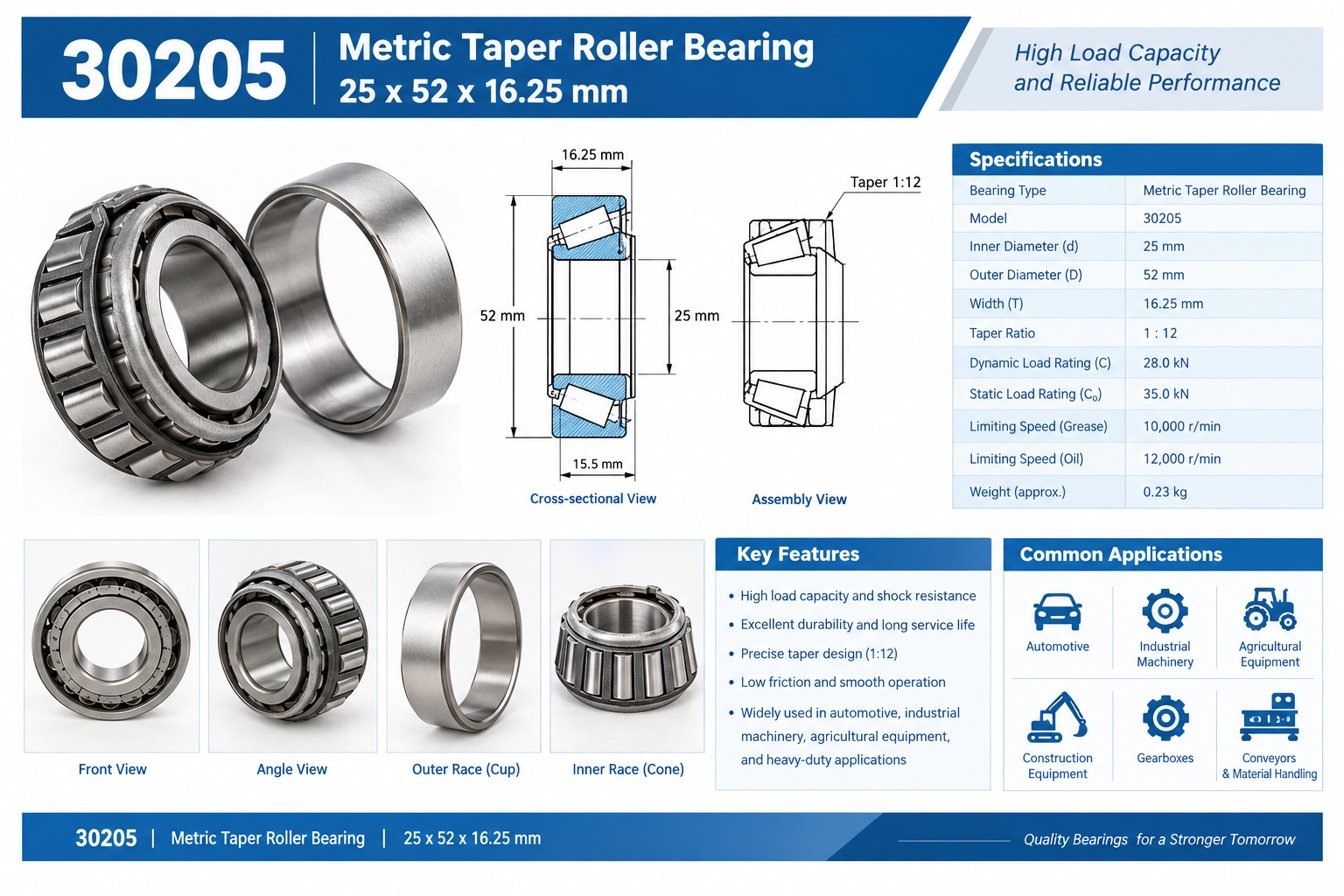 30205 -  Metric Taper Roller Bearing - 25x52x16.25mm - Image 1